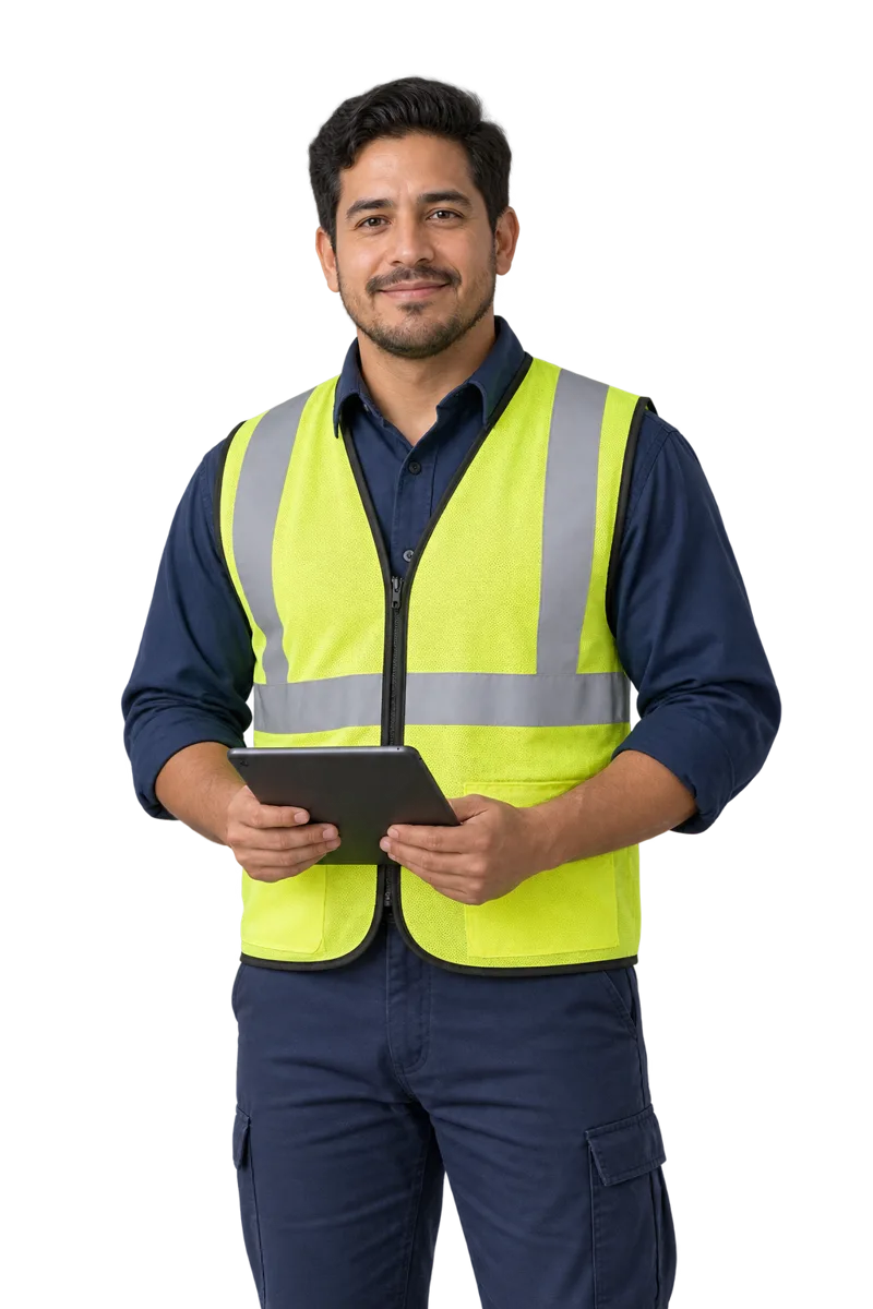 Profesional de logística con chaleco reflectante y tableta